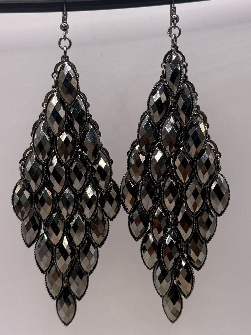 Faceted Teardrop Cluster Dangle Earrings - Gunmetal